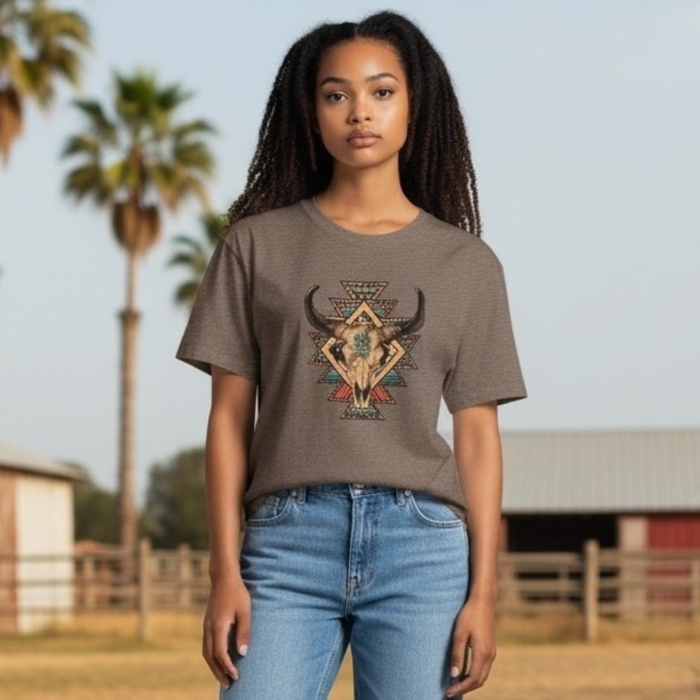 Western Graphic Tee Brown Steer Skull Turquoise Tribal Print Cotton Blend XL‎